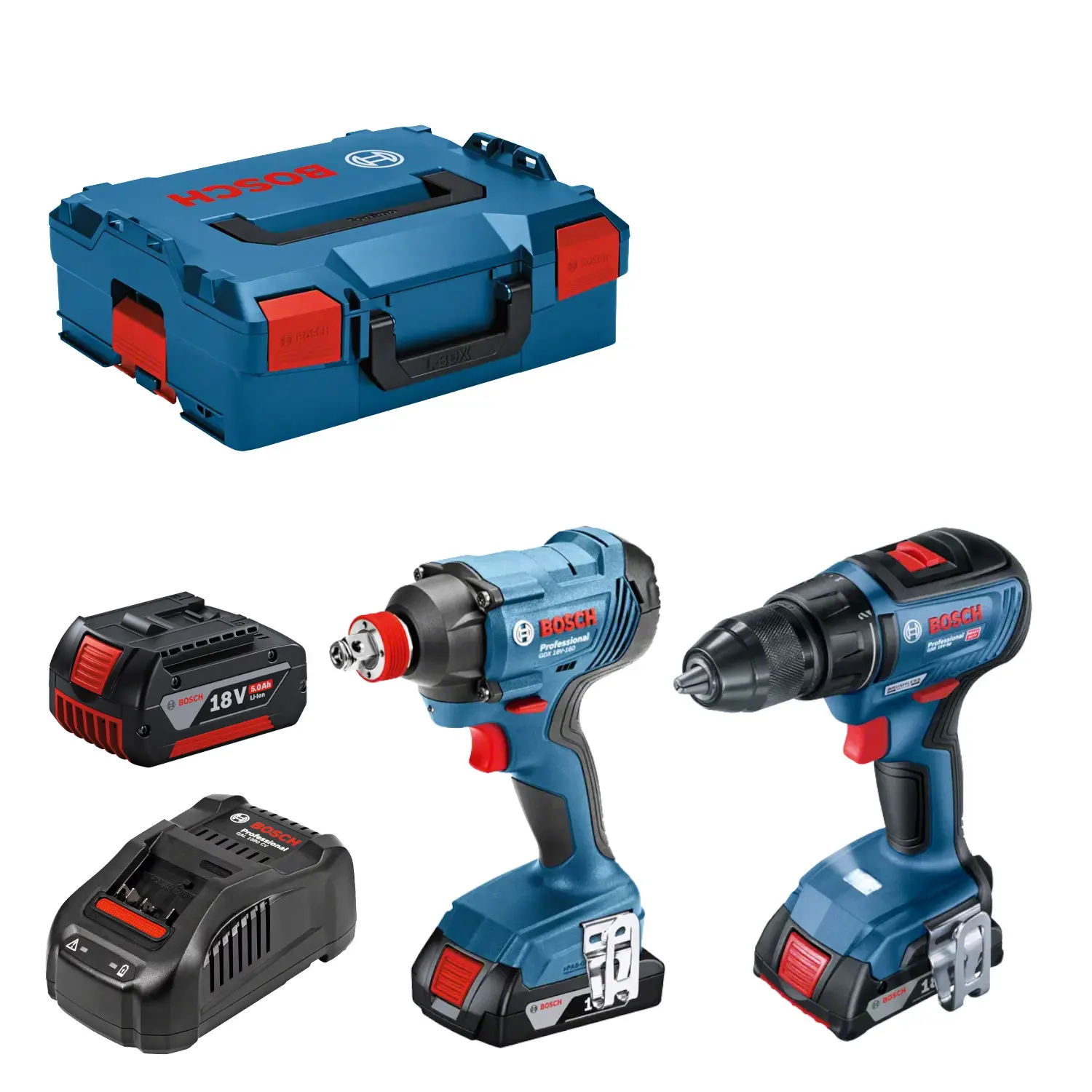 Bosch - Set trapano a batteria e avvitatore a percussione da 18 V, 3 batterie 5,0 Ah Li-Ion, caricabatterie 06019G5227